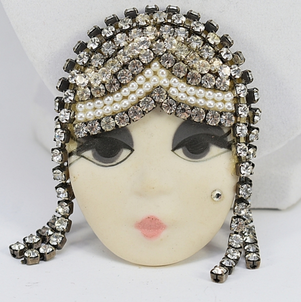 Vintage Porcelain Art Deco Face Brooch Rhinestone/Pearl Rare Hard to Find